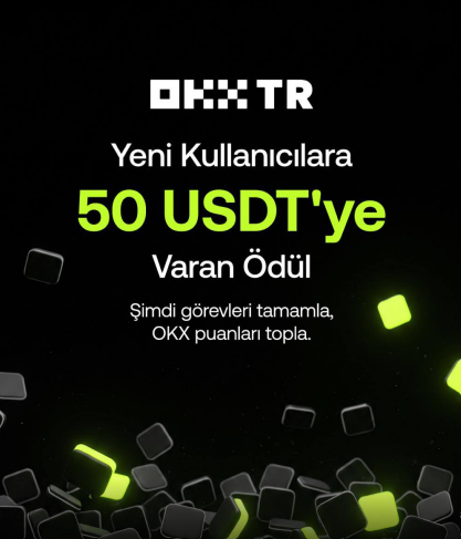 The image is a promotional banner from OKX TR advertising a welcome reward of up to 50 USDT for new users who complete tasks and accumulate OXX points, directly supporting the post's announcement about the registration-based campaign offering bonuses within the first 30 days.