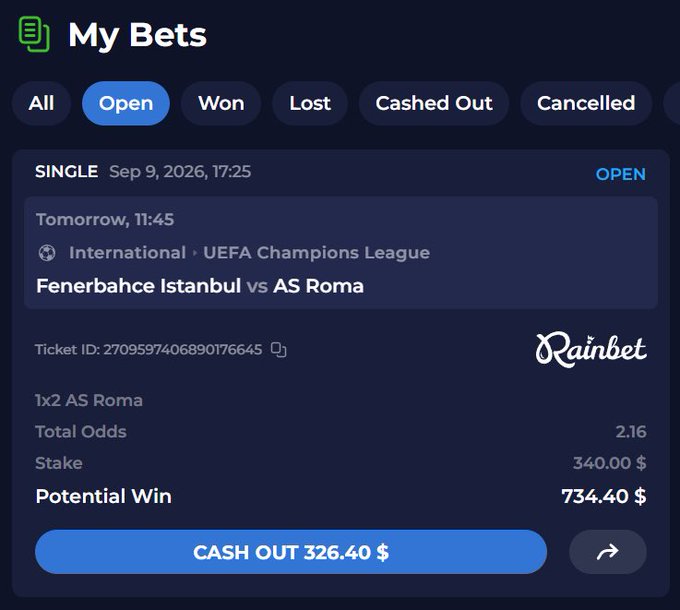 Mobile sports betting screenshot from Rainbet showing an open single bet on UEFA Champions League match Fenerbahce Istanbul vs AS Roma, with 1x2 odds 2.16, $340 stake, and potential win of $734.40.