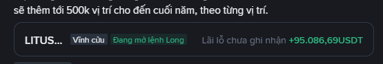 A dark-themed digital interface displaying Vietnamese text "sẽ thêm tối 500k và trí cho đến cuối năm, theo tùng vị trí", with a highlighted entry reading "LITUS... Vĩnh cừu Đang mở lệnh Long" and a PnL of "+95.086,69USDT".