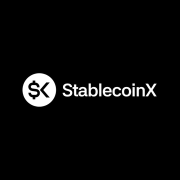 The image shows the StablecoinX logo, featuring a white circle with "ǔƘ" lettering (resembling a stylized dollar/K symbol) next to the brand name "StablecoinX" in white text on a black background. This visual matches the post about StablecoinX commencing trading on Nasdaq under the ticker USDE.