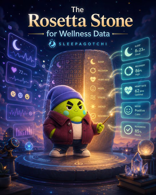 A green Sleepagotchi mascot stands before a glowing stone tablet inscribed with wellness metrics, surrounded by holographic panels displaying key data points including Sleep 8h 23m (Good), Recovery 86% (High), Heart Rate 62 BPM (Optimal), Mood Positive (Calm), and Readiness 85% (Ready), visually reinforcing the post's message that Sleepagotchi decodes complex wellness data into understandable insights.