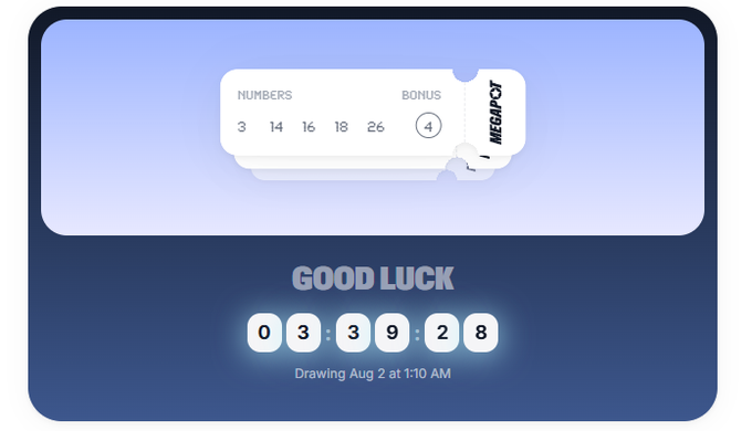 A Megapot lottery graphic showing numbers 3, 14, 16, 18, 26, bonus 4, with a "GOOD LUCK" message and the sequence 03-39-28, drawing Aug 2 at 1:10 AM.