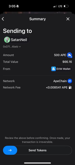 A mobile screenshot of a crypto transaction summary showing 500 APE ($66.16) being sent from an EVM Wallet to "SatanNeil" on the ApeChain network.
