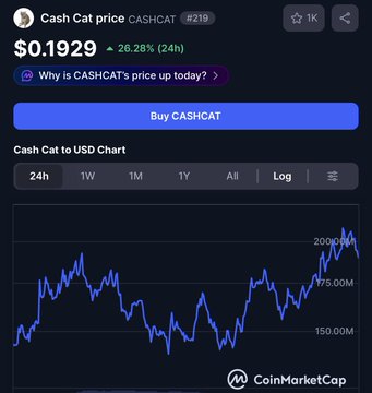 A CoinMarketCap chart showing Cash Cat price (CASHCAT #219) at $0.1929, up 26.28% in 24 hours, with a 24h price chart on CoinMarketCap.