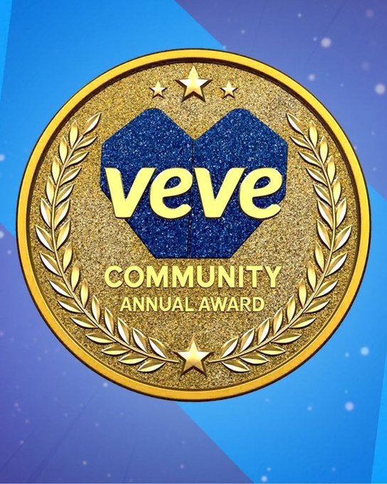 A gold and blue VeVe Community Annual Award medal/coin with laurel wreath design.