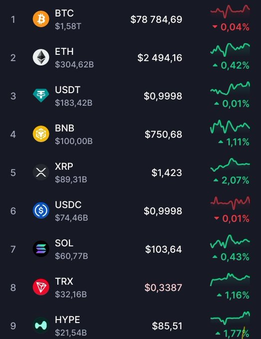 A cryptocurrency market tracker showing BTC at $78,784.69 with a 0.04% drop, ETH at $2,494.16 with a 0.42% rise, and other top coins including USDT, BNB, XRP, USDC, SOL, TRX, and HYPE with their respective prices and 24-hour changes.