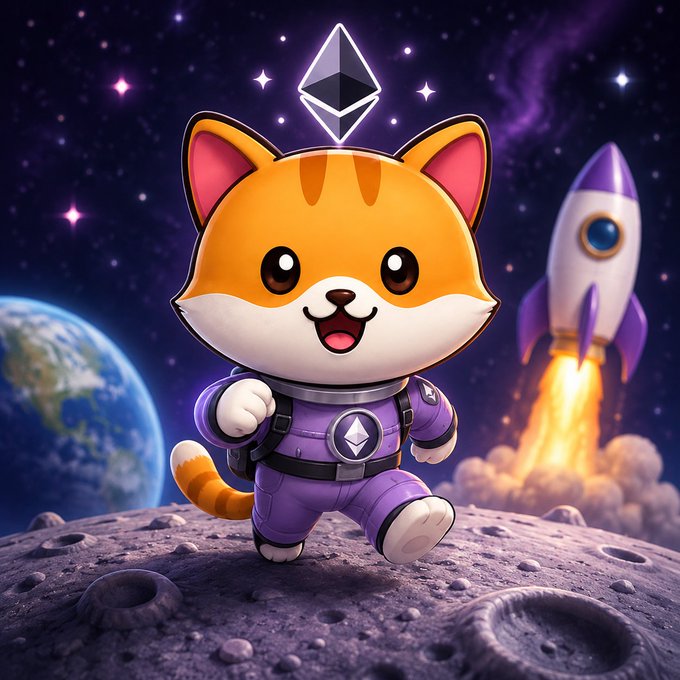 A digital illustration of a cute, cartoon-style orange and white cat wearing a purple astronaut suit, running on a moon-like surface with Earth and a rocket in the background, featuring an Ethereum logo floating above its head.