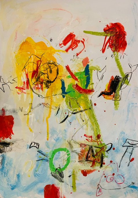 An abstract expressionist painting featuring vibrant splashes and drips of yellow, red, green, and blue paint with black scribbled lines.