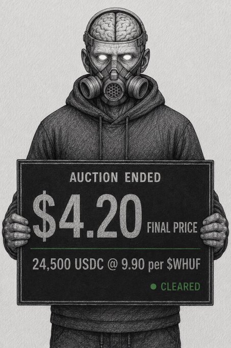 An illustration of a figure in a gas mask and hoodie holding an auction sign reading 'AUCTION ENDED $4.20 FINAL PRICE' for '24,500 USDC @ 9.90 per $WHUF' marked as 'CLEARED'.