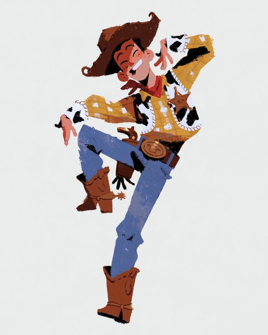 A digital illustration of Woody from Toy Story, the cowboy character, dancing joyfully in his signature yellow plaid shirt, cowhide vest, cowboy hat, and boots.
