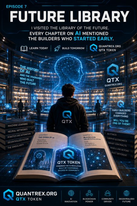 A futuristic promotional poster for 'QUANTREX.ORG' and 'QTX TOKEN' titled 'FUTURE LIBRARY, EPISODE 7' shows a person viewing an open book and a glowing blue AI head.