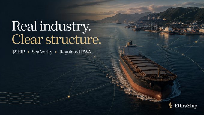 A promotional graphic for EthraShip featuring a large cargo ship on water at sunset with text 'Real industry. Clear structure.' and '$SHIP • Sea Verity • Regulated RWA'.