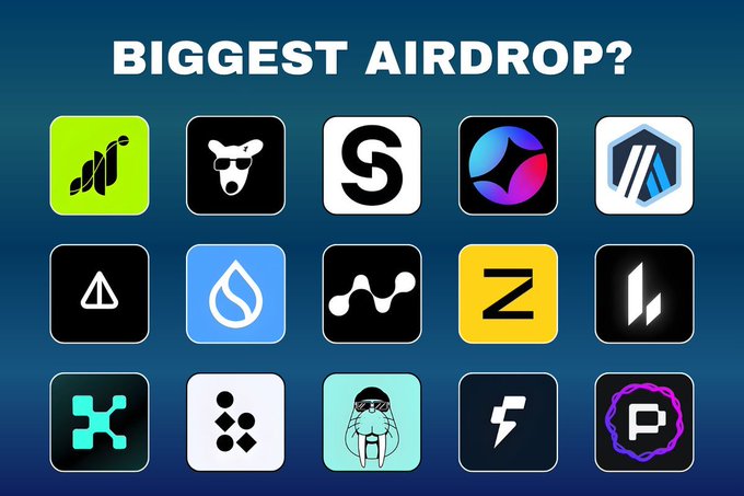 A bold graphic asks "BIGGEST AIRDROP?" above a 3x5 grid of 15 cryptocurrency and Web3 project logos. The post prompts followers to share which of these projects (including Zama, Dogs, and Bless) yielded the highest earnings.
