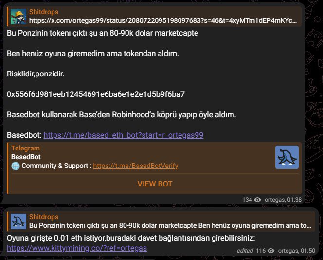 A Telegram message from user "ortegas99" discussing the Ponzin token's $80-90k market cap, noting they bought tokens before playing the game and bridged from Base to Robinhood using a contract address (0x556f6d981eeb12454691e6ba6e1e2e1d5b9f6ba7) via the Basedbot Telegram bot, along with a Kittymining game invite link (https://www.kittymining.co/?ref=ortegas). The post context suggests the user profited significantly from the token launch, selling 1/3 of holdings after the price rose from $1200 to a $9000 ATH while holding the rest for potential further gains.