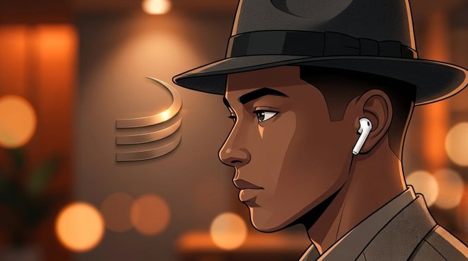 A digital illustration showing a side profile of a man wearing a fedora hat and an earpiece, with golden sound wave graphics emanating near his face against a warm bokeh background.