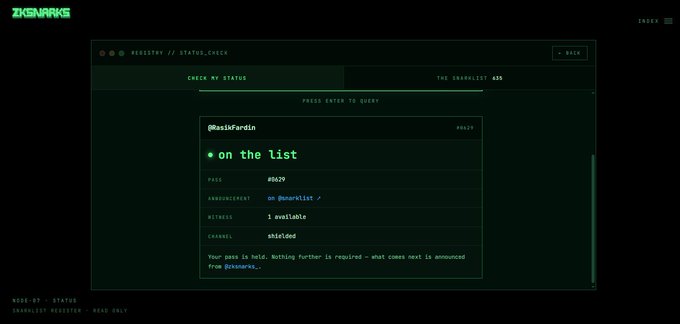 A dark green status check interface labeled 'DSGNRKS // STATUS.CHECK' showing the user '@asikFardin' is 'on the list' with pass #0699, awaiting whitelist announcement on X.