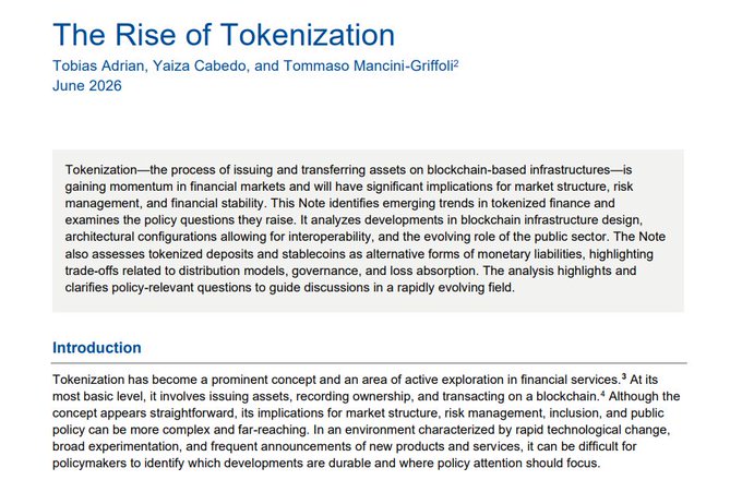 A document titled 'The Rise of Tokenization' by Tobias Adrian, Yaiza Cabedo, and Tommaso Mancini-Griffoli from June 2026, with an introductory section discussing blockchain infrastructure and asset tokenization.