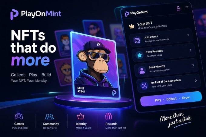 Promotional graphic for "PlayOnMint" featuring an NFT monkey character ("MINT #2847") with the tagline "NFTs that do more — Collect, Play, Build" and a mobile app interface highlighting features like Join Events, Earn Rewards, and Build Identity.