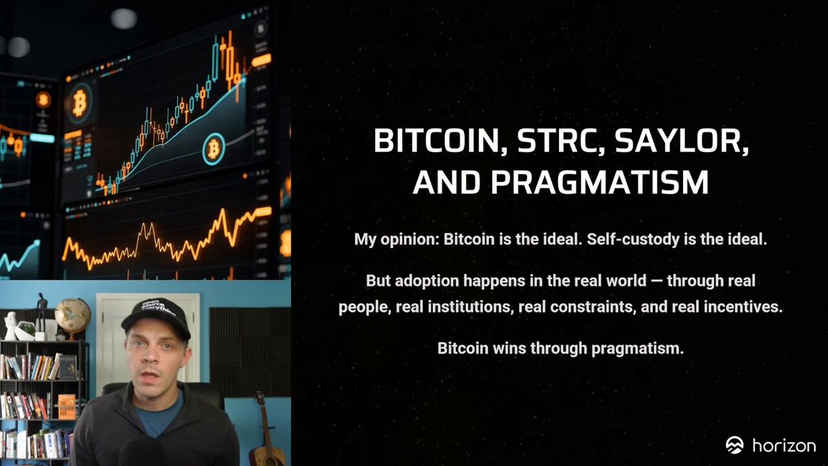 The image features a man sitting behind a computer screen with a caption that reads "BITCOIN, STRC, SAYLOR, AND HOW WE WIN BITCOIN IS THE GOAL. BITCOIN MUST WIN. But global capital does not move through purity tests... it moves through incentives. In this video, I break down Bitcoin, STRC, Saylor, income-seeking capital, and why pragmatic adoption may be". The man in the image is likely a Bitcoin enthusiast or someone who has been involved with Bitcoin trading.