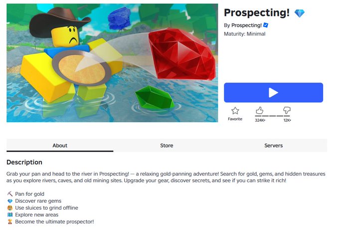 A Roblox game page for 'Prospecting!' by Prospecting, showing a character panning for gold and gems, with 326k likes, 120k dislikes, and a description about panning for gold and discovering rare gems.