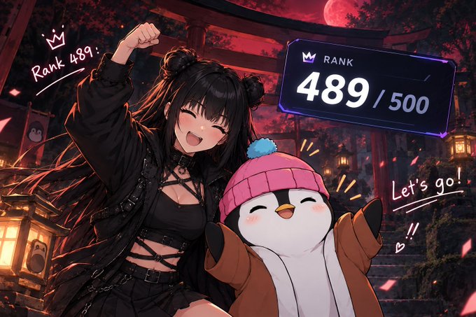 An anime-style illustration shows a smiling dark-haired girl and a cartoon penguin in a pink beanie celebrating a rank of "489 / 500" with the text "Let's go!"