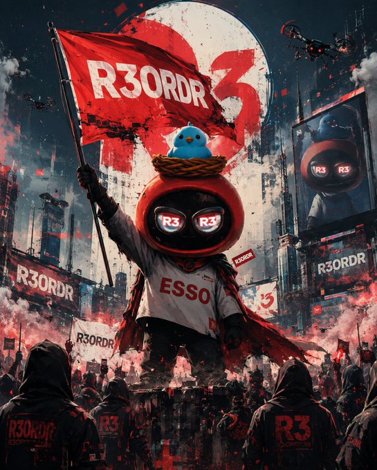 The image features a large red flag with the words "R3ORDR" written on it, surrounded by a crowd of people wearing black hoodies. The crowd appears to be protesting or participating in an event related to the game R3ORDR. There are also signs and banners visible in the scene, which may contain information about the game or its release date.