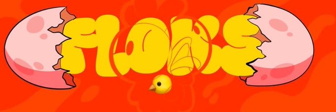 Bright graffiti-style lettering spelling 'FLOKE' in yellow bubble text on a red background, flanked by cracked egg halves and featuring a small yellow bird below.