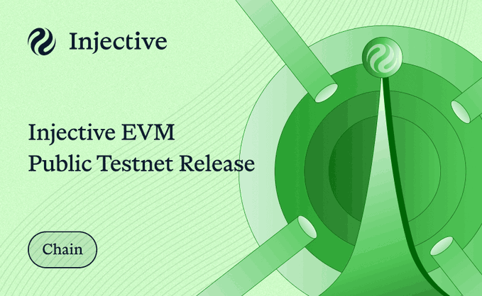 The image is a green-themed announcement graphic for the "Injective EVM Public Testnet Release," featuring the Injective logo and a stylized tower/lighthouse design. The accompanying text highlights how Injective's approach to building its EVM is not about checking a compatibility box, but about strategically integrating with Ethereum rather than simply replicating it.