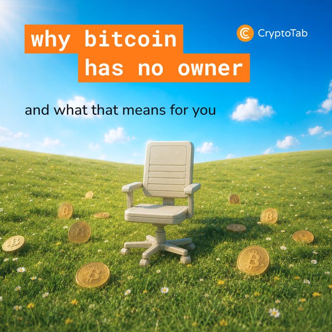 An empty white office chair sits in a grassy field scattered with gold Bitcoin coins under a blue sky, with the text "why bitcoin has no owner — and what that means for you" alongside the CryptoTab logo. The image visually reinforces the article's theme about Bitcoin's decentralization and lack of ownership, using the empty chair to symbolize the absence of a controlling authority or intermediary.
