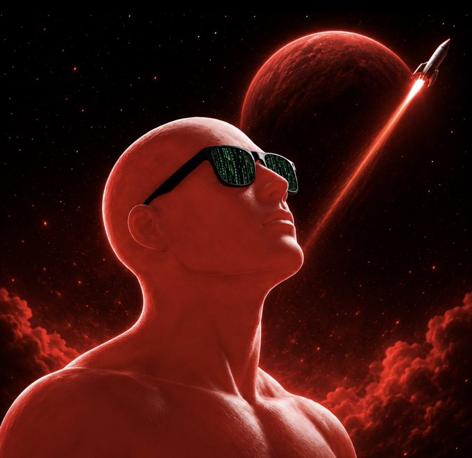 Stylized digital artwork of a bald figure wearing sunglasses with green code reflections, gazing upward at a rocket launching toward a red planet amid red clouds.