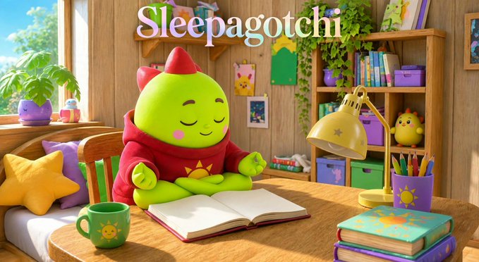 A green character wearing a red hooded outfit sits in a cozy, colorful room with an open book, surrounded by books, plants, and whimsical decor, with the text "Sleepagotchi" displayed above. The image visually represents the post's point that Sleepagotchi has evolved beyond simple sleep tracking into a multi-agent system offering coaching, wellness monitoring, meal planning, and shopping assistance—symbolized by the character's studious, well-rounded lifestyle.
