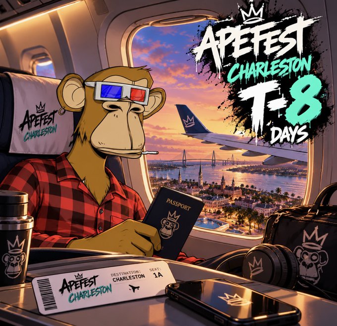 A promotional graphic for "APEFEST CHARLESTON" shows a cartoon monkey in a red plaid shirt and 3D glasses sitting in an airplane, holding a passport with "T-8 DAYS" displayed prominently.