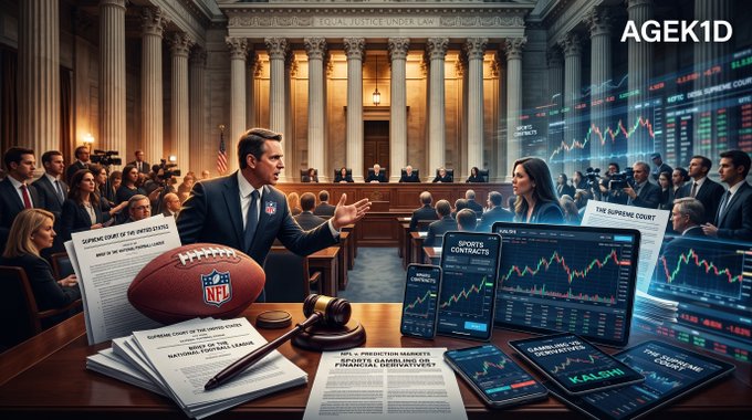 An AI-generated courtroom scene featuring a judge, lawyers, and a football, surrounded by legal documents, a gavel, and stock market charts, with the watermark 'AGEK1D' in the top right corner.
