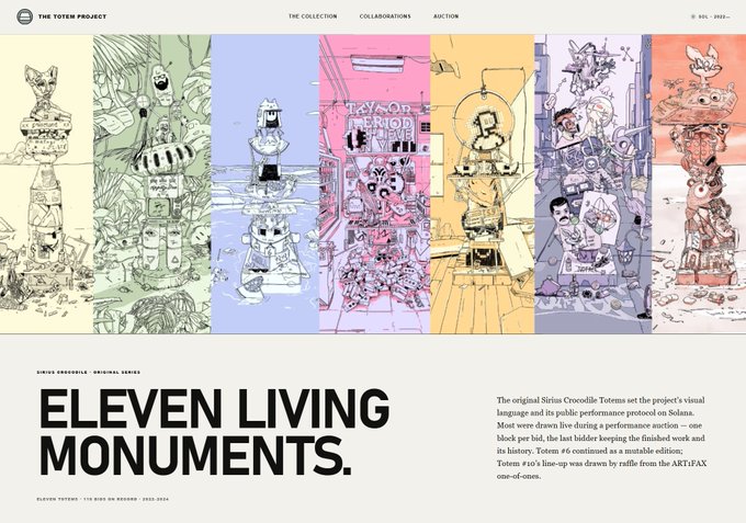 A website screenshot for 'THE TOTEM PROJECT' showcasing their 'ELEVEN LIVING MONUMENTS' collection, displaying a series of vertical, colorful illustrated panels featuring totem pole designs by artist Sirius Crocodile.
