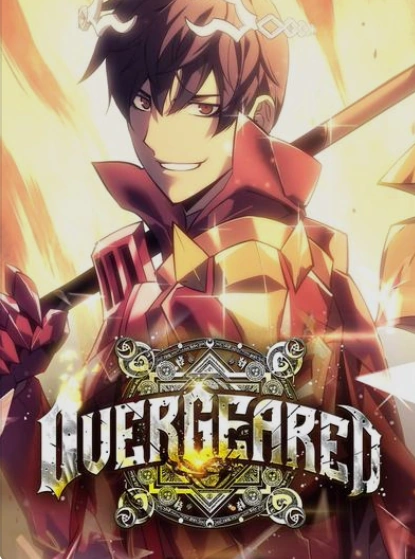 Anime-style cover art featuring a smiling young man with a red cape and golden armor holding a staff, with the title 'OVERGEARED' across the center.