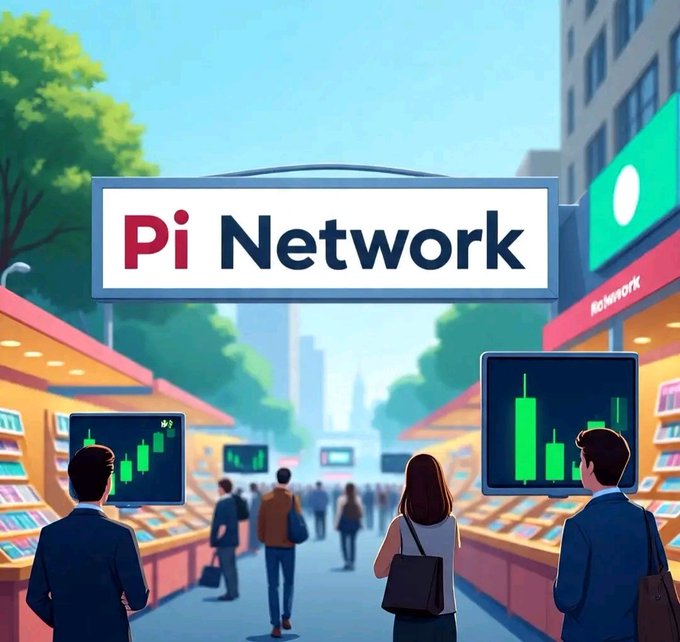 A bustling marketplace illustration features a prominent "Pi Network" sign overhead, with digital displays showing green candlestick charts and crowds of people browsing stalls that emphasize the cryptocurrency's global trading presence. The scene visually reinforces the post's message about Pi Network's community-determined valuation of $314,159, depicting it as an active marketplace where the coin holds agreed-upon value through collective belief rather than market speculation.