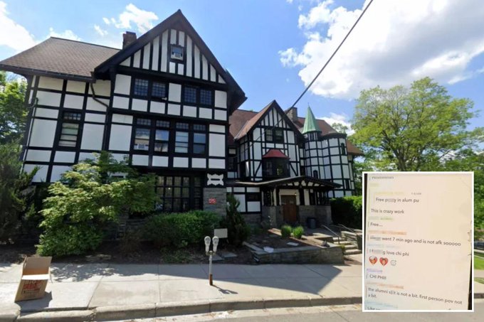 A large Tudor-style house with white and black timber framing, with a screenshot of a Nextdoor post overlaid in the bottom right corner asking to 'Free pussy in alum pu'.