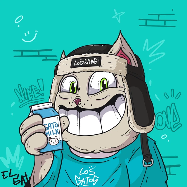 A cartoon illustration of a grinning cat character wearing a winter hat labeled 'LOS GATOS' and a teal shirt, holding a carton labeled 'GATO MILK' with 'NICE!' written beside it.