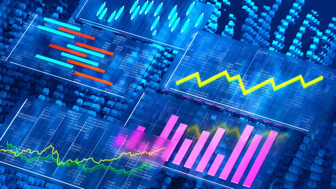 An abstract digital illustration displaying various financial charts, including candlestick patterns, bar graphs, and line graphs in vibrant blue, pink, and yellow colors on a blue digital grid background.