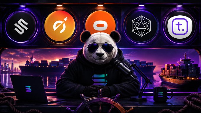 The image features a panda bear sitting at a desk with a microphone, wearing sunglasses and holding a laptop computer. The background of the image shows a city skyline, indicating that this scene takes place in an urban setting. The caption for the image reads "love seeing more spaces focused on @solana builders excited to hear what these teams are cooking and learn more about their vision".