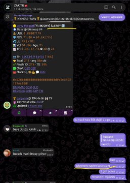 A dark-themed Telegram chat in the 'ZAX TM' group displays purchase receipts and crypto swap transactions including 'swap.sol' for 0.46 SOL and a 'LIQ' alert, with messages like 'Nice! Pretty sharp price' and 'selling shares of meat on cronos.'