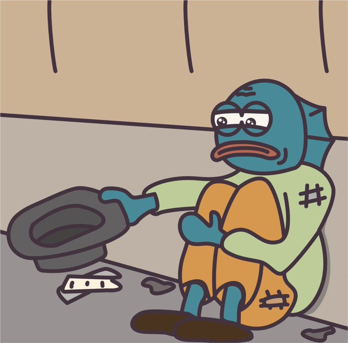 A cartoon illustration depicts a blue, fish-like humanoid character wearing an orange and green jumpsuit, sitting on the ground next to an overturned trash can and crumpled paper.
