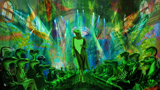 A surreal digital artwork features an anthropomorphic frog in a green dress wearing a crown, standing center stage under spotlights, surrounded by an audience of formally dressed reptilian figures.