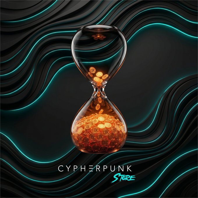 An hourglass filled with golden Bitcoin coins sits against a wavy dark teal background, symbolizing the passage of time and the unchanging 21 million supply cap. The text "CYPHERPUNK STORE" is displayed at the bottom, tying the imagery to Bitcoin's fixed scarcity despite the ongoing flow of time.