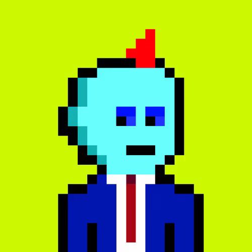A pixel art image features a teal-skinned character with red mohawk-like hair, wearing a blue suit and red tie, against a lime green background.