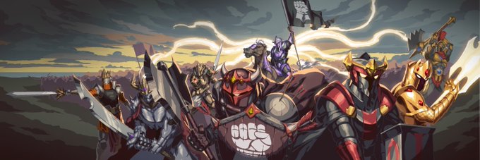 A dramatic banner-style illustration shows a lineup of armored knights and warriors wielding swords, shields, and banners, with a prominent white clenched-fist emblem displayed on the central shield and battle flags—reinforcing the post's message about the "IronAllies" merit-based reward system and earning $IRON through contribution rather than randomness.