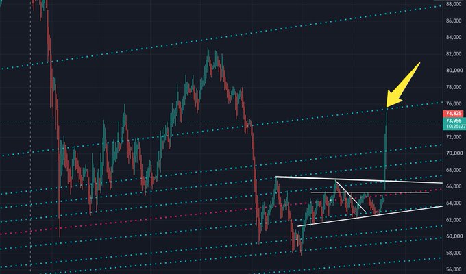 A crypto price chart shows a sharp pump to $74.80 highlighted by a yellow arrow, reaching a resistance level marked as a "spiderline" at $76, while a symmetrical triangle pattern in the lower right suggests the recent consolidation before the move. The caption implies the trader is exiting their long position at this overhead resistance, viewing it as the final barrier before a potential rejection.