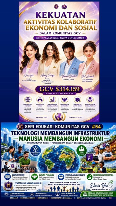 A promotional flyer for "KEKUATAN" (Strength), highlighting GCV (Global Currency Value) at $314,159, features four spokespeople—Dewi Yee, Novita Dollu, Wendy Soetedjo, and Sofy Ponda—as part of a collaborative GCV community initiative. The poster also advertises "SERI EDUKASI KOMUNITAS GCV #54" focused on Web3, AI, and on-chain infrastructure, tying into the post's message about Web3 and AI requiring trust, transparency, and community-driven collaboration for business success.