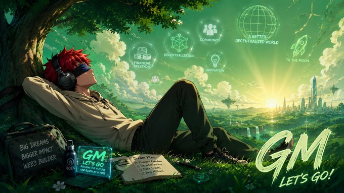 The image features a man sitting under a tree, wearing headphones and resting his head on his hand while looking up at the sky. The background of the image shows a city skyline with buildings reaching towards the sky. The text "GM everyone Started my Web3 journey with big dreams and endless curiosity. Watching @dac_chain redefine infrastructure. Seeing @ConcreteXYZ create new opportunities for communities. Learning from how @Wallchain transforms data into insight." is written above the man, indicating that he is a part of the GM community who has started his web3 journey.