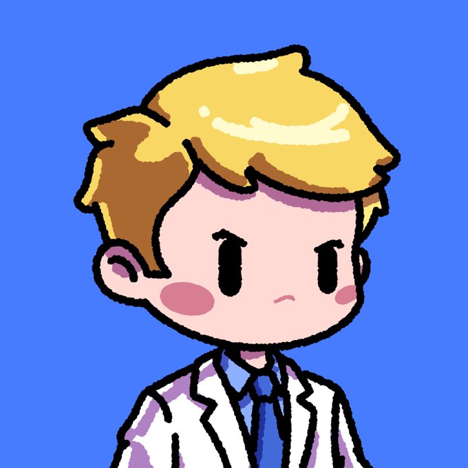 A cute cartoon chibi character with blonde hair, pink cheeks, and a serious expression, wearing a white lab coat and blue tie against a bright blue background. This is the featured SFS Citizen #022, the "Market Maker" character from @solfriendssoc, fitting the GM-themed post.